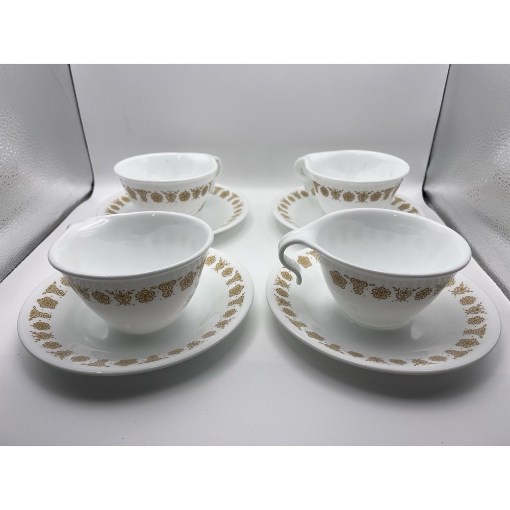 Vintage Corelle Butterfly Gold Teacups Saucers Set 4 Corning Glass White Yellow